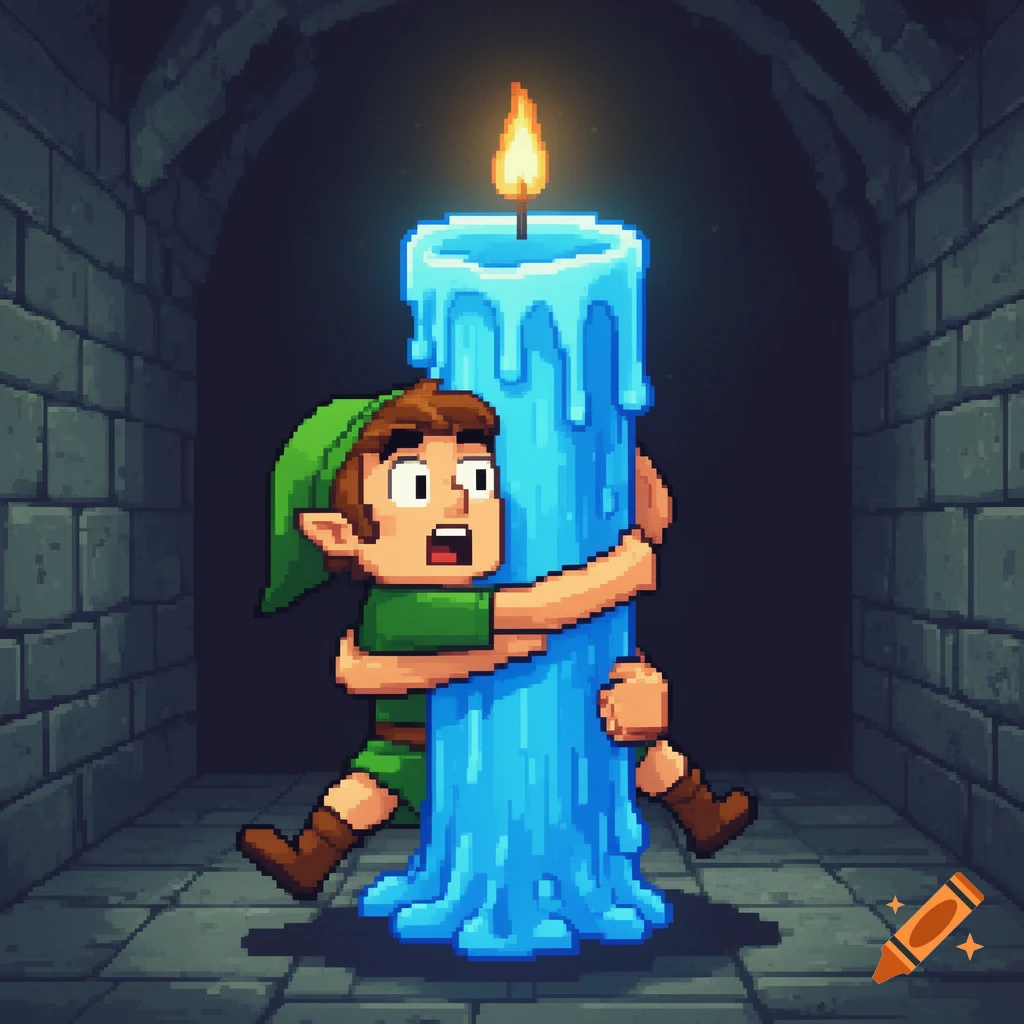 Pixel art of a cartoon man resembling Link hugging a giant blue melting candle in a dark dungeon.