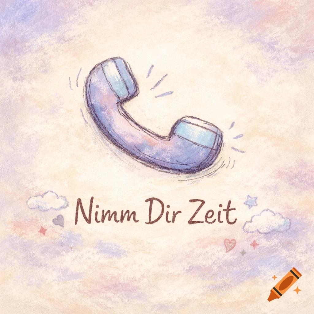 A pastel hand-drawn illustration featuring a ringing blue telephone icon above the German text "Nimm Dir Zeit" (Take Your Time) on a textured background.