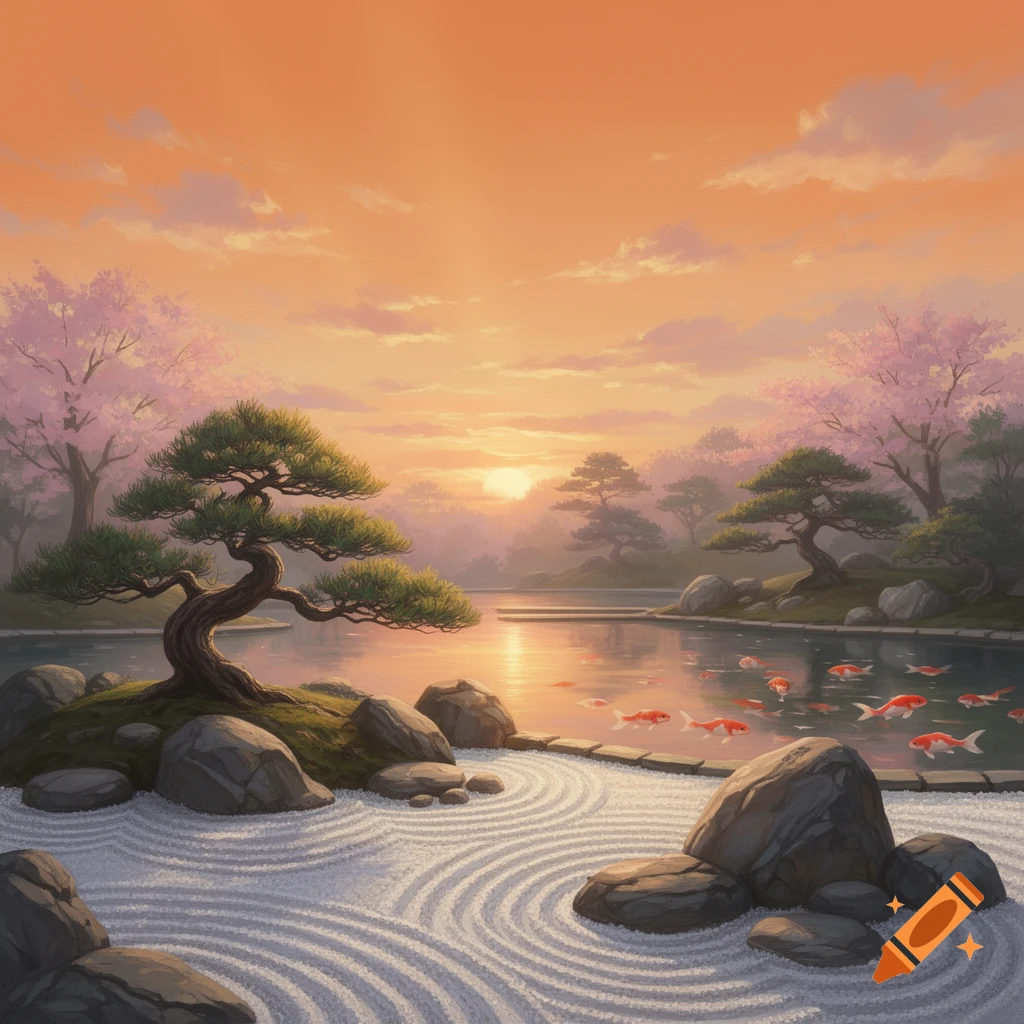 Serene illustration of a Japanese zen garden with a pond, koi fish, bonsai trees, and cherry blossoms at sunrise.