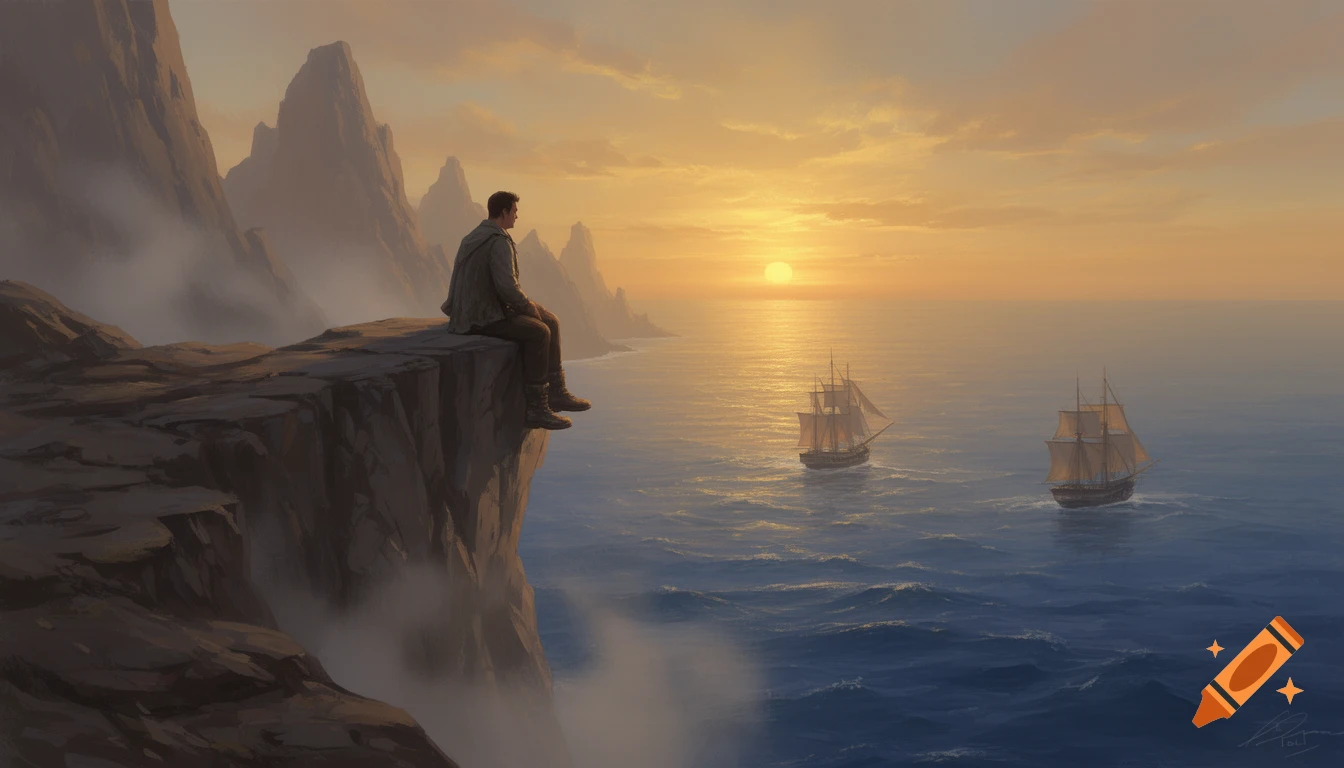 A man sits on a cliff edge overlooking a vast sea with two sailing ships at sunset, dramatic mountains in the background.