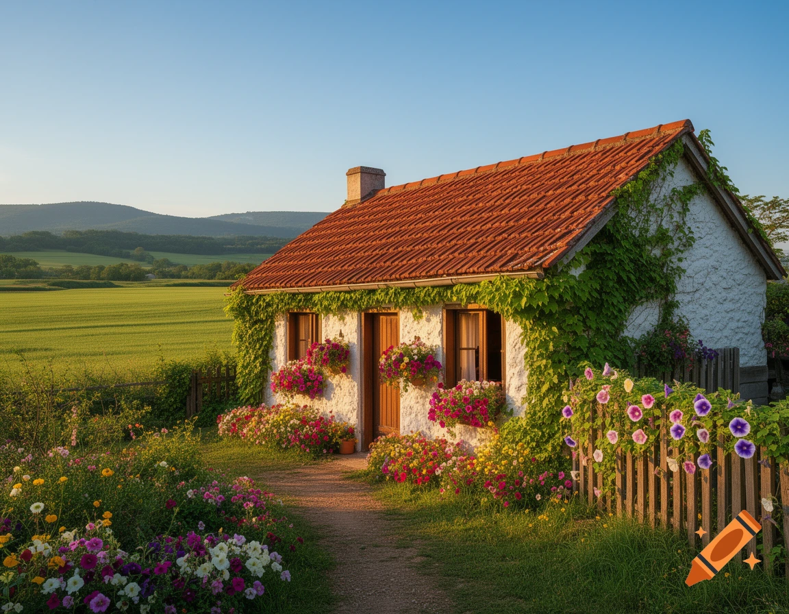 A charming white cottage with a red tiled roof, surrounded by colorful flowers and green vines, under a clear blue sky in a lush landscape.