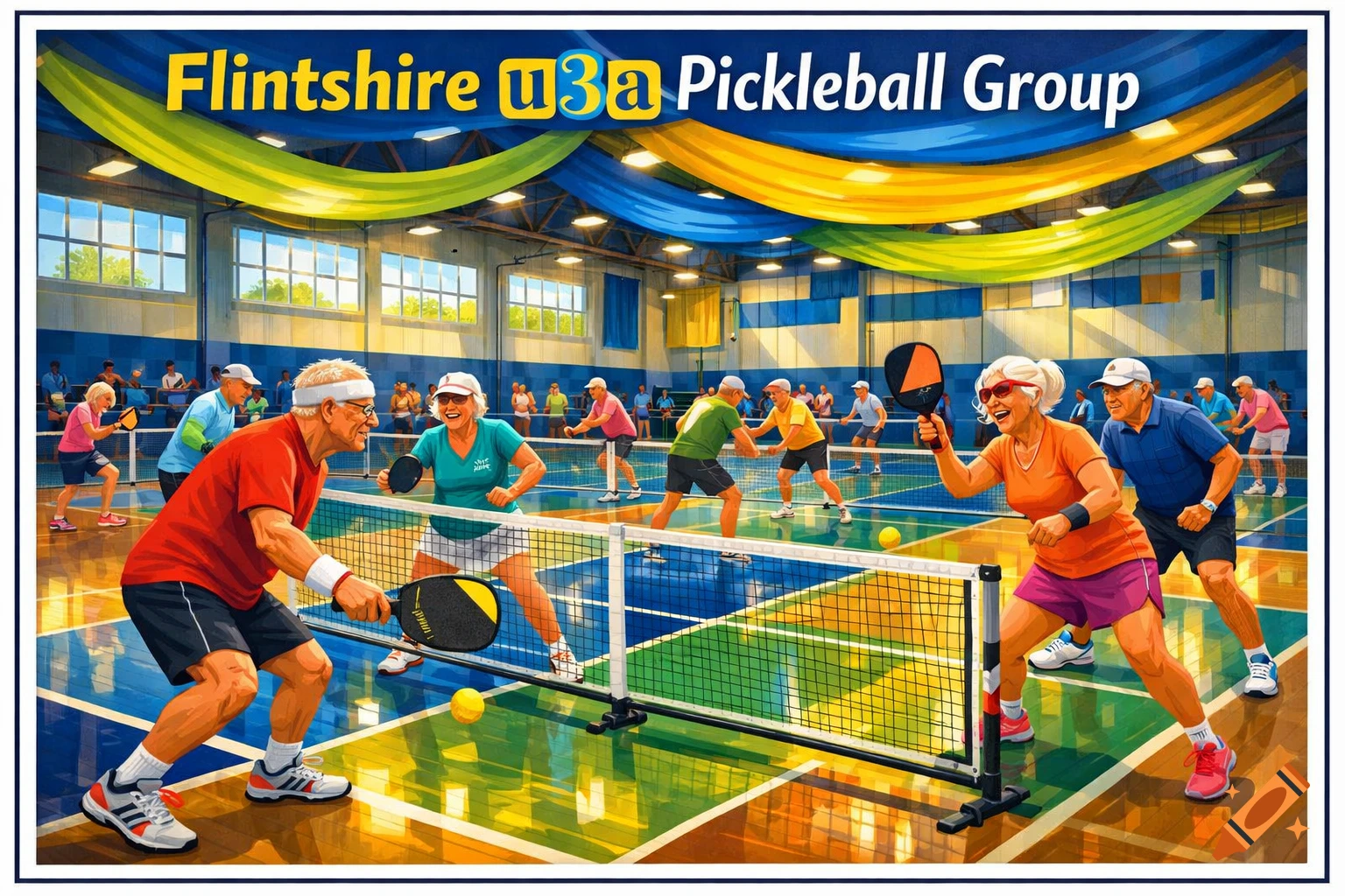 Seniors playing pickleball on multiple courts in a brightly lit gymnasium with a banner reading "Flintshire u3a Pickleball Group".