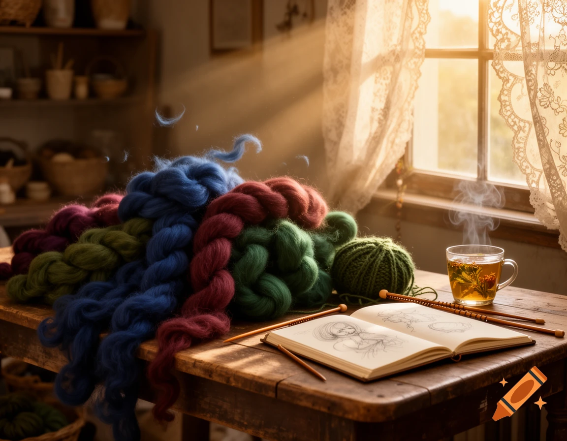 Colorful wool yarn, knitting needles, a sketchbook, and a steaming cup of tea on a wooden table by a sunlit window.
