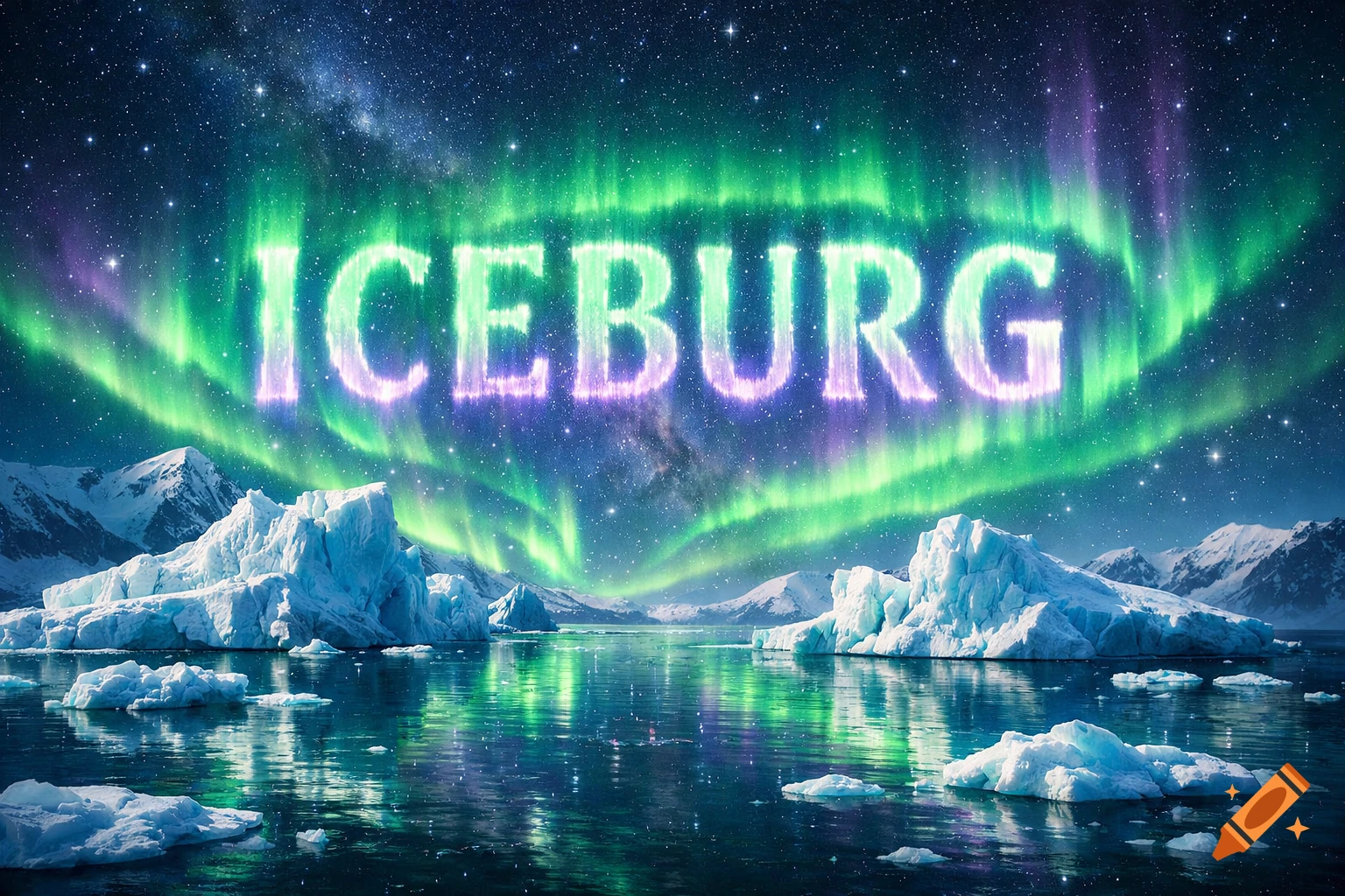 Photorealistic green and purple northern lights spell 'ICEBURG' above icebergs on water, with snowy mountains in the background.