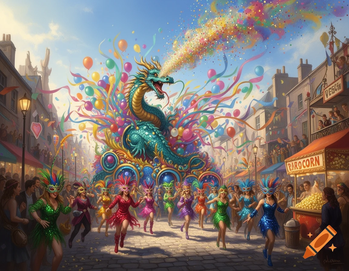 A vibrant carnival parade with a large, ornate turquoise dragon float shooting colorful confetti and streamers into the sky. People in festive, feathered costumes and masks dance in the street, surrounded by cheering crowds and buildings adorned with banners.