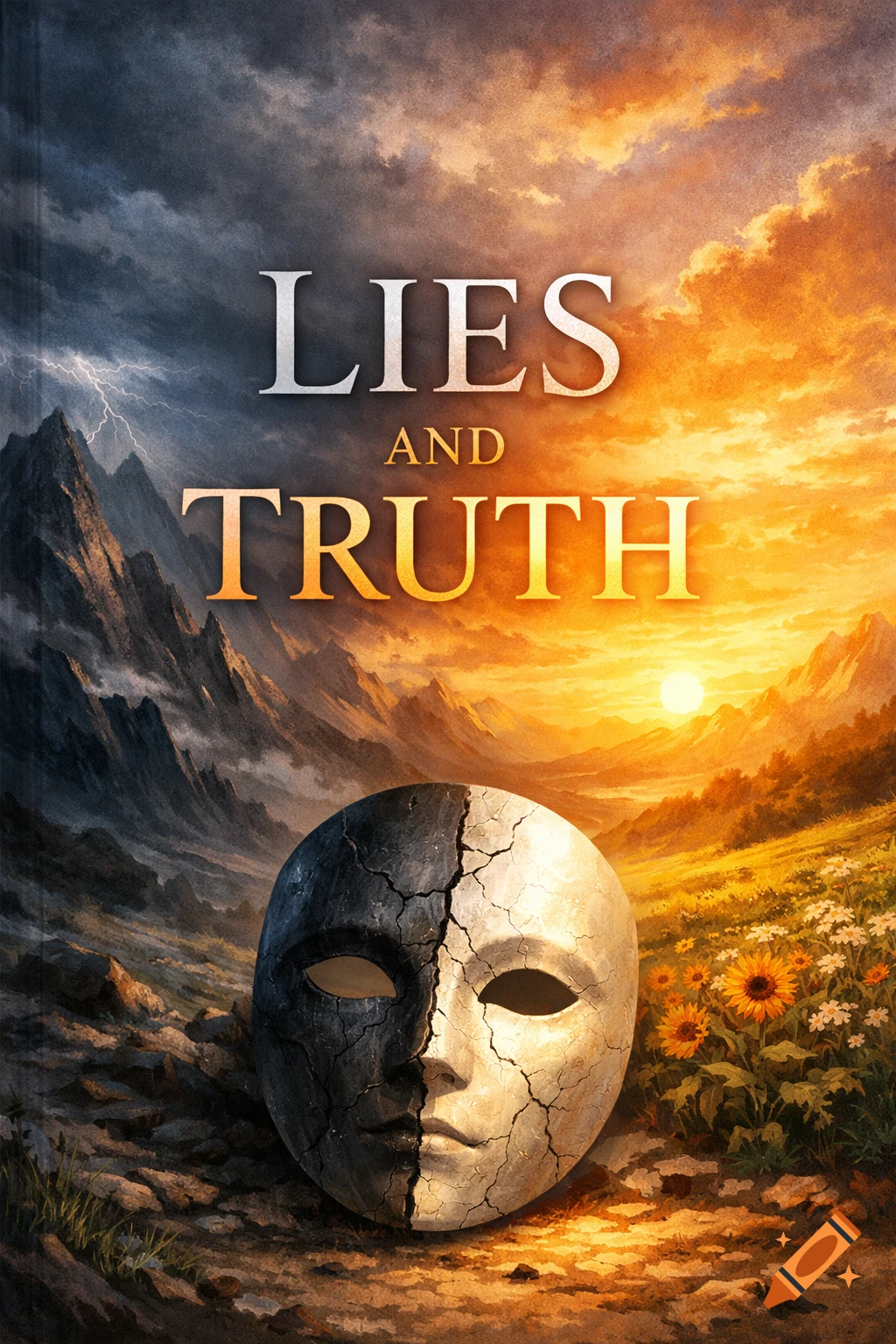 A book cover titled "LIES AND TRUTH" featuring a cracked, two-toned mask in a landscape split between stormy mountains and a sunny field.
