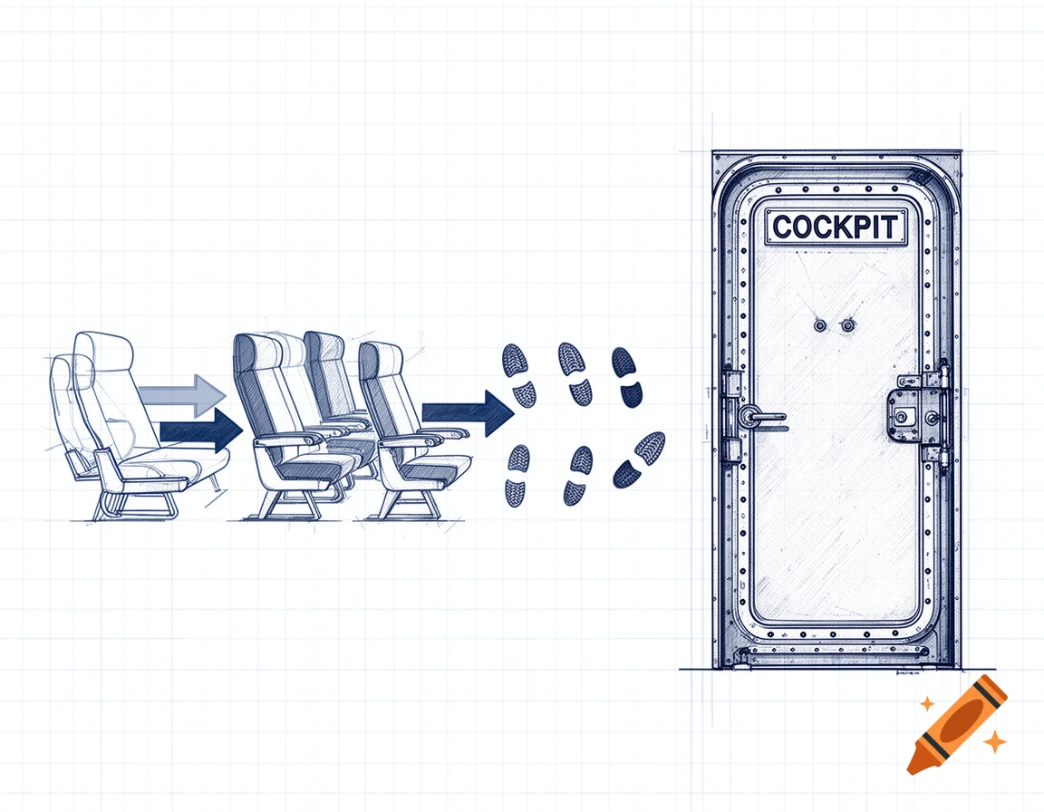 Blueprint-style diagram showing airplane seats, arrows, and footprints leading to a cockpit door with the word COCKPIT.