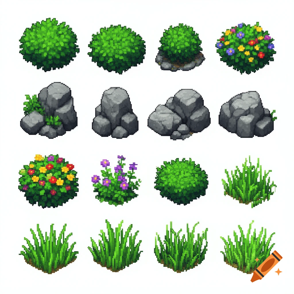 A grid of various pixel art game assets including green bushes, gray rocks, colorful flowering bushes, and clumps of green grass on a white background.