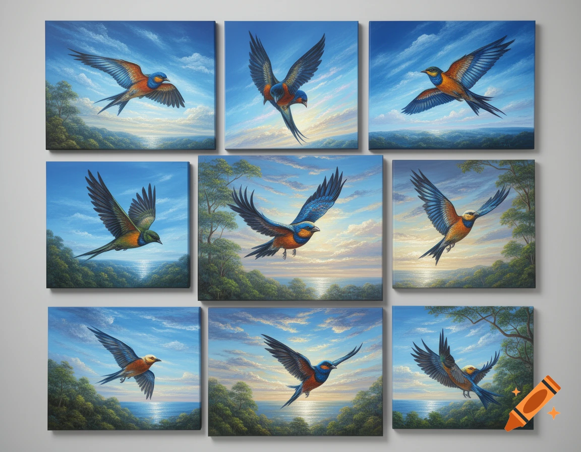 Nine oil paintings of colorful birds with blue, orange, and green feathers in flight against a bright sky and green landscape.