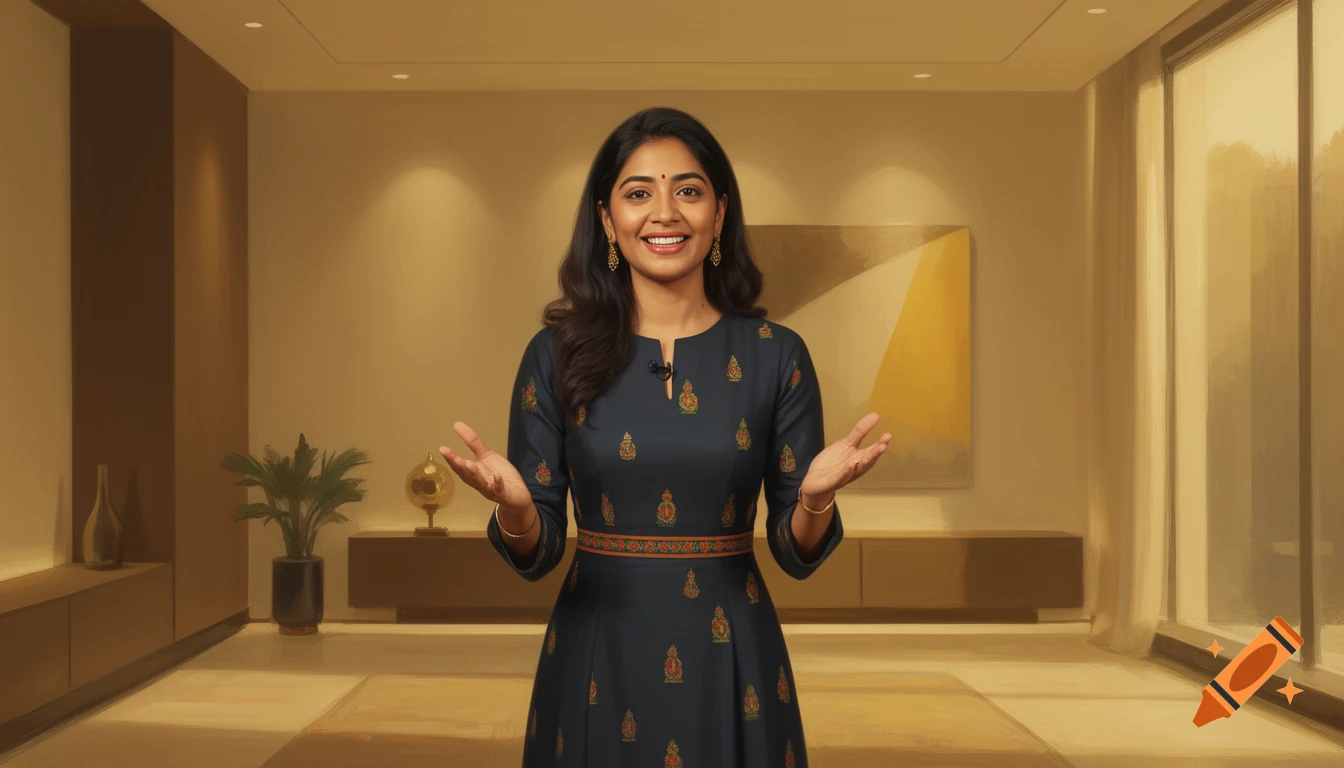 A confident Indian woman smiling with open hands, wearing a dark blue patterned dress, stands in a modern, warmly lit room.