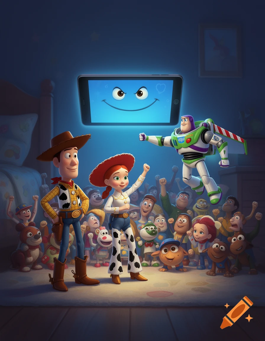 Woody, Jessie, and Buzz Lightyear stand in a dark room illuminated by a glowing tablet with a smiley face, surrounded by other toys with raised fists.