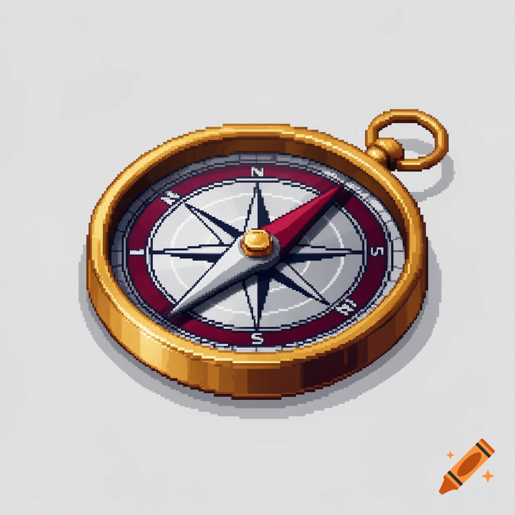 A golden pixel art compass with a red and white needle and cardinal directions N, S, E, W, on a simple gray background.