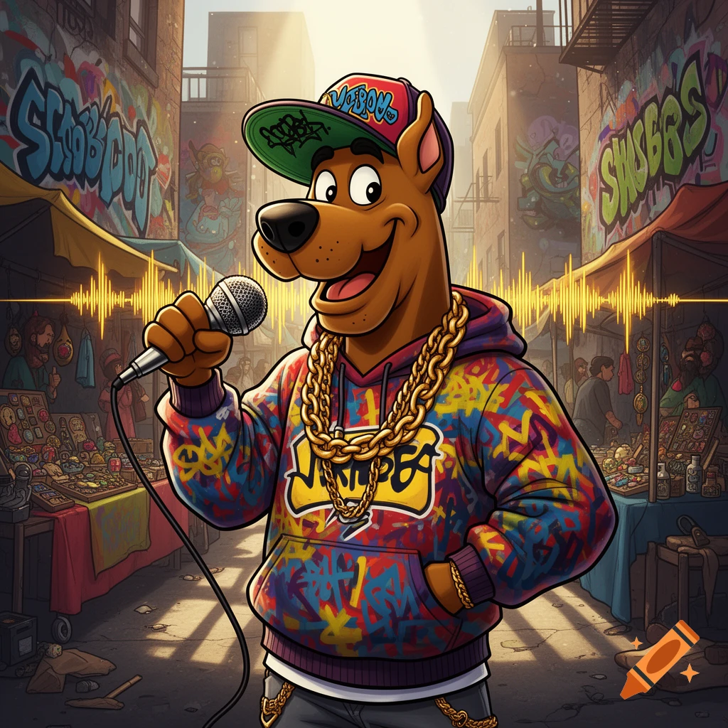 Scooby Doo as a rapper, wearing a colorful graffiti hoodie and gold chains, holding a microphone in an alley with graffiti-covered walls and market stalls. A sound wave graphic appears in the background.