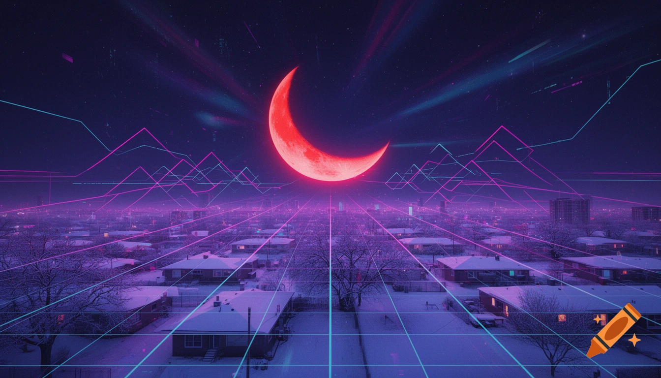 A red crescent moon rises over a snowy suburban winterscape with purple neon synthwave grid lines and glowing buildings.