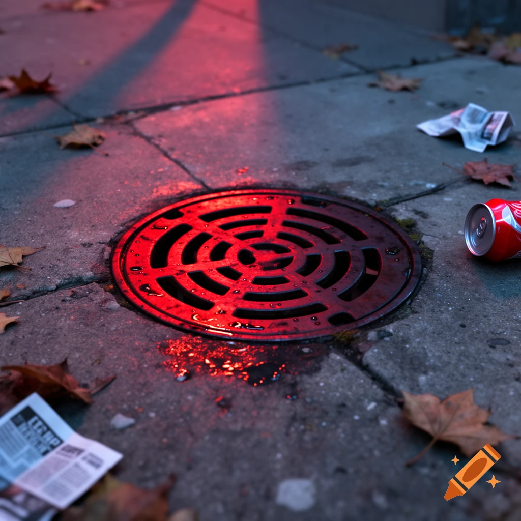 A close-up of a round drain cover on a concrete sidewalk, illuminated by a red light, surrounded by autumn leaves, a red soda can, and crumpled paper.