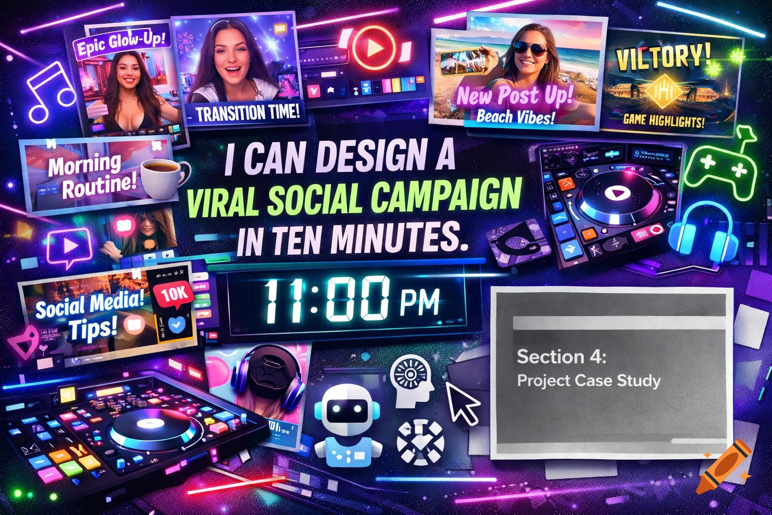 A vibrant digital moodboard with glowing neon outlines, showcasing various screens and icons related to social media, gaming, and music. Text reads 'I CAN DESIGN A VIRAL SOCIAL CAMPAIGN IN TEN MINUTES.' and '11:00 PM'.