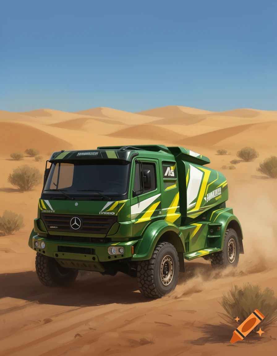 A vibrant green Mercedes Vario rally truck with yellow and white stripes kicks up dust as it drives across a sandy desert under a clear blue sky.