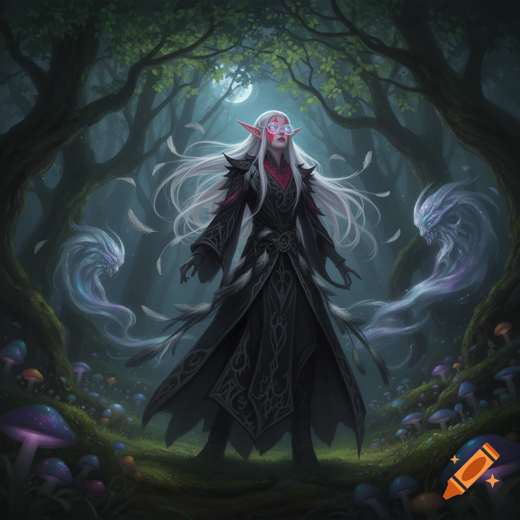 A white-haired elf in dark robes and glasses stands in a magical forest with glowing mushrooms, summoning two spectral creatures.