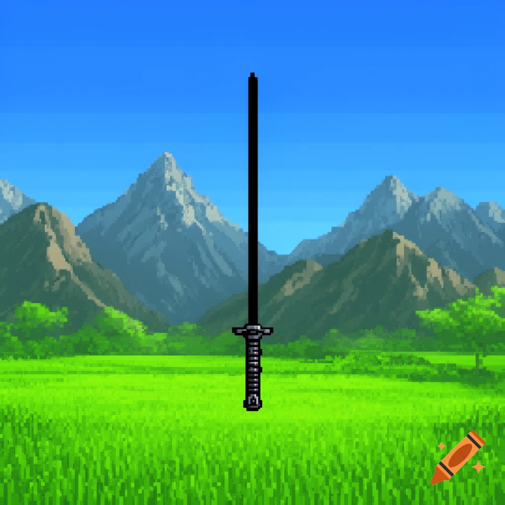 A black pixel art sword stands upright in a vibrant green field with ...