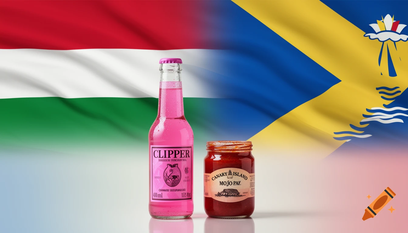 A pink Clipper soda bottle and a jar of Canary Island Mojo Pay against a backdrop of the Hungarian and Canary Islands flags.