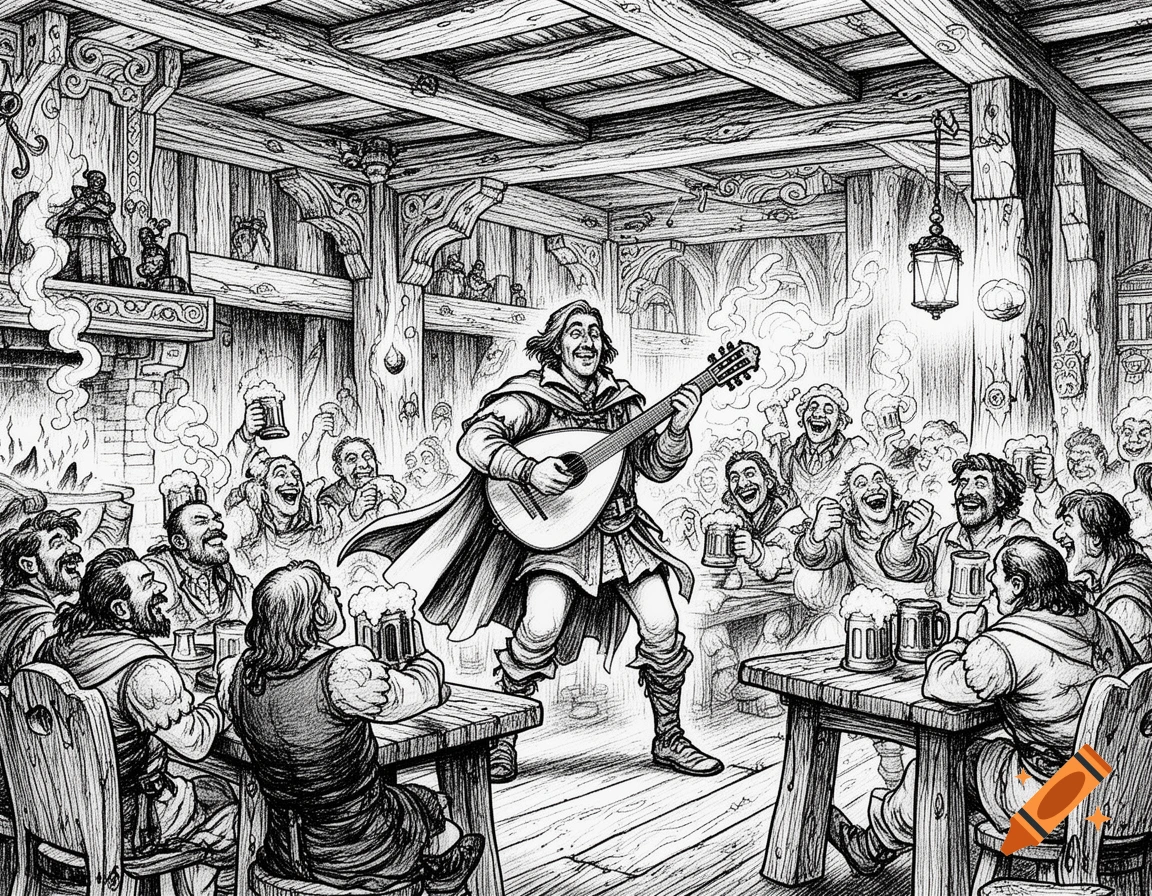 A black and white line drawing shows a lively fantasy tavern scene with a minstrel playing a lute for cheering, drinking patrons.