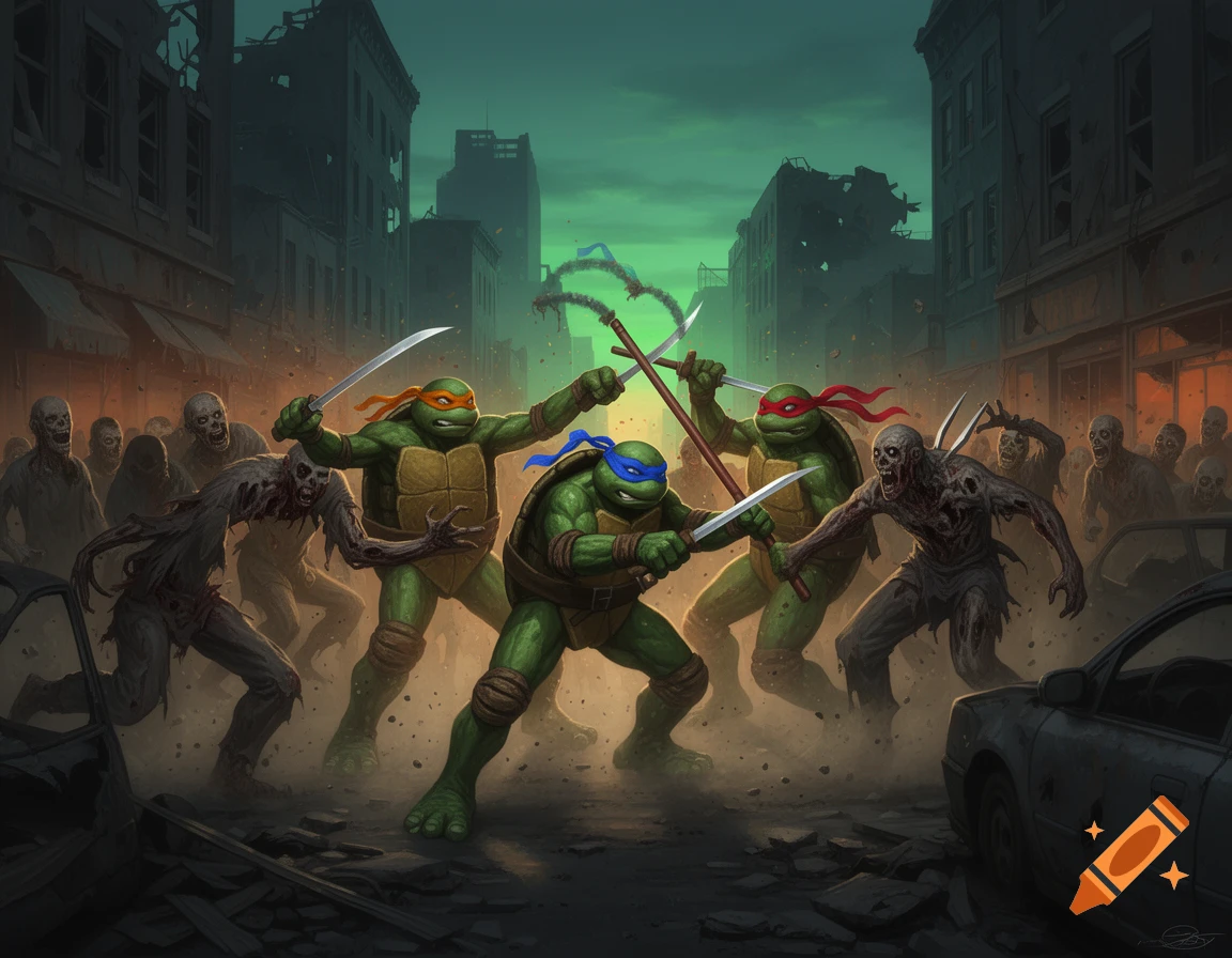 The Teenage Mutant Ninja Turtles fight a horde of zombies in a ruined city street at dusk, rendered in a comic art style.