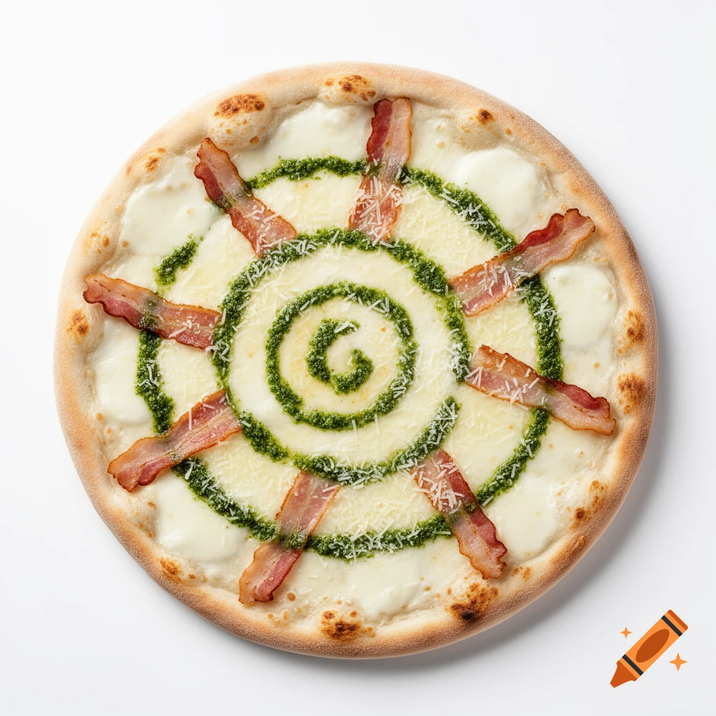 A top-down view of a pizza with white sauce, melted mozzarella, bacon strips, spiral pesto, and sprinkled cheese on a white background.