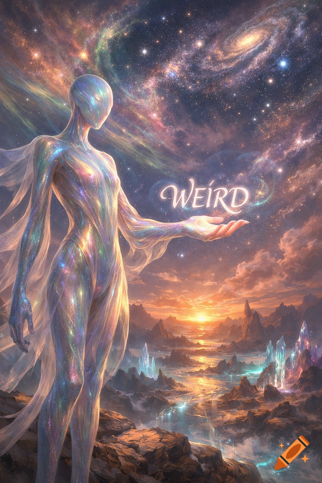 A luminous, ethereal alien figure stands in a vibrant cosmic landscape, holding out a hand beneath the floating word 'WEIRD'.