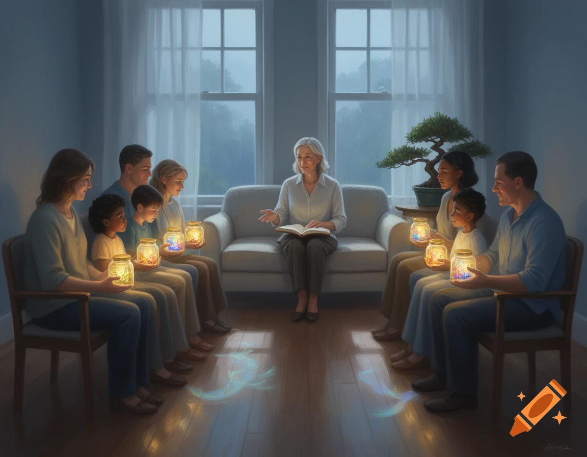 An older woman reads to a diverse group of families holding glowing jars in a softly lit room, with light patterns on the floor.