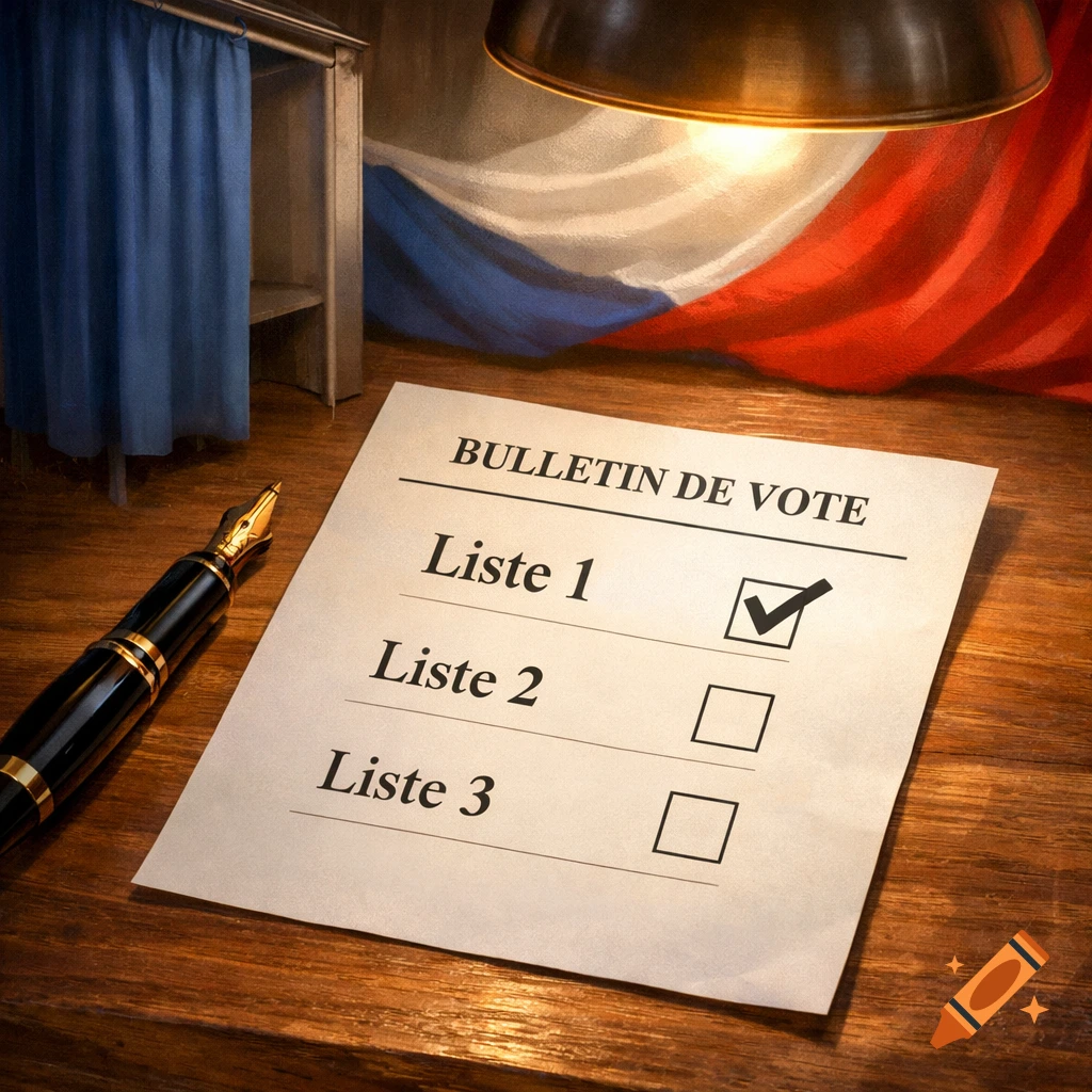 A ballot paper showing 'Liste 1' checked, with a fountain pen, voting booth, and French flag in the background, under a warm light.