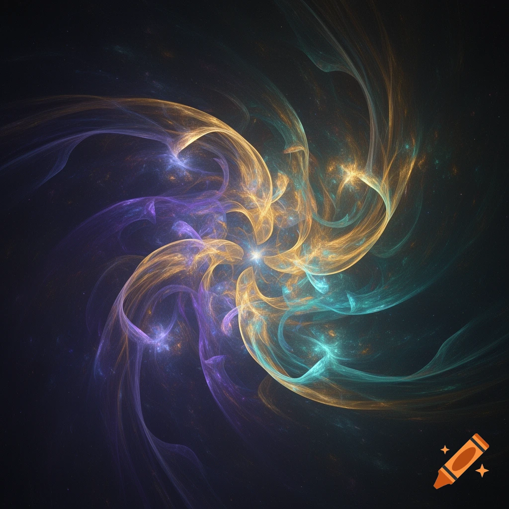 A vibrant abstract fractal with glowing orange, purple, and teal swirls against a dark background.