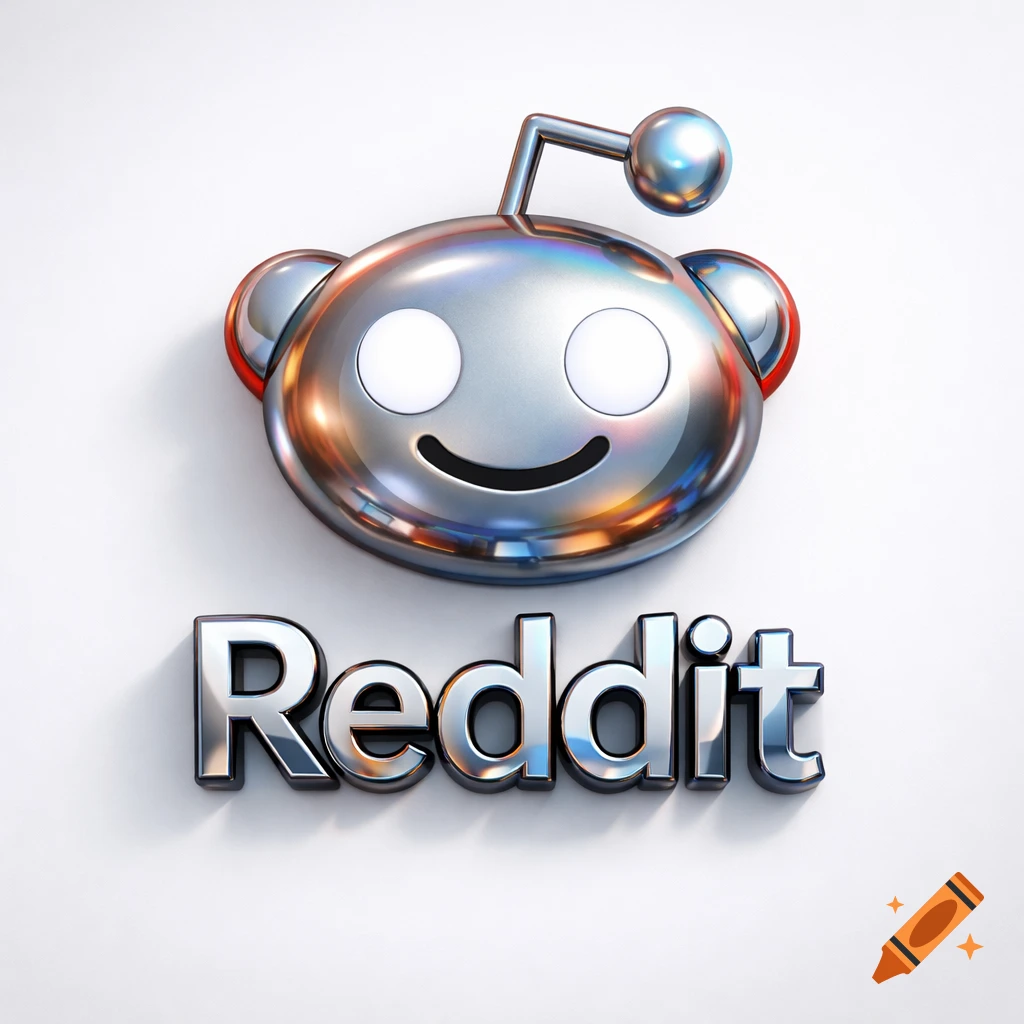 A metallic 3D Reddit logo with the word Reddit below it, on a white background.