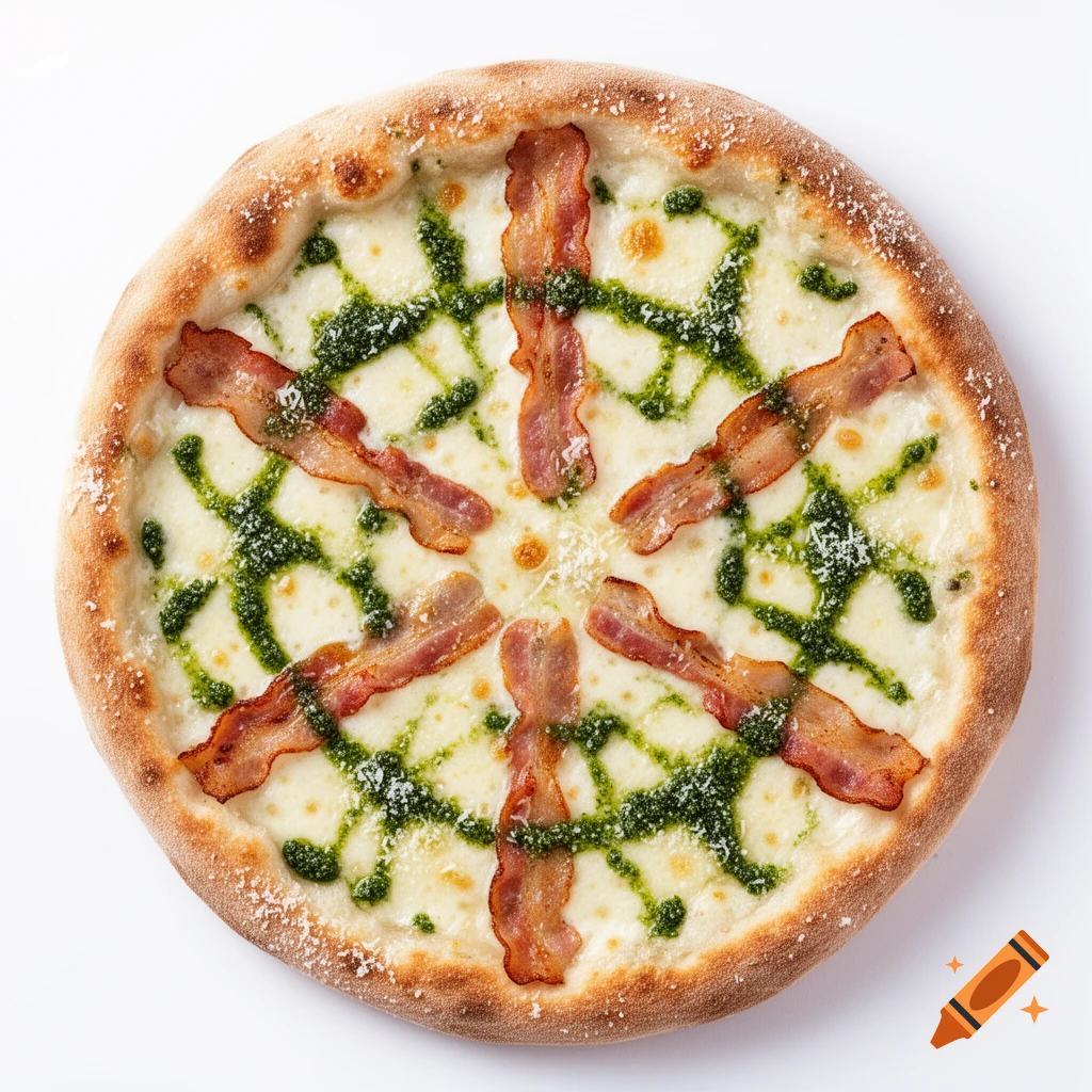 A top-down view of a realistic pizza with a white sauce base, melted mozzarella, crispy bacon, decorative pesto, and grated Padano cheese on a white background.