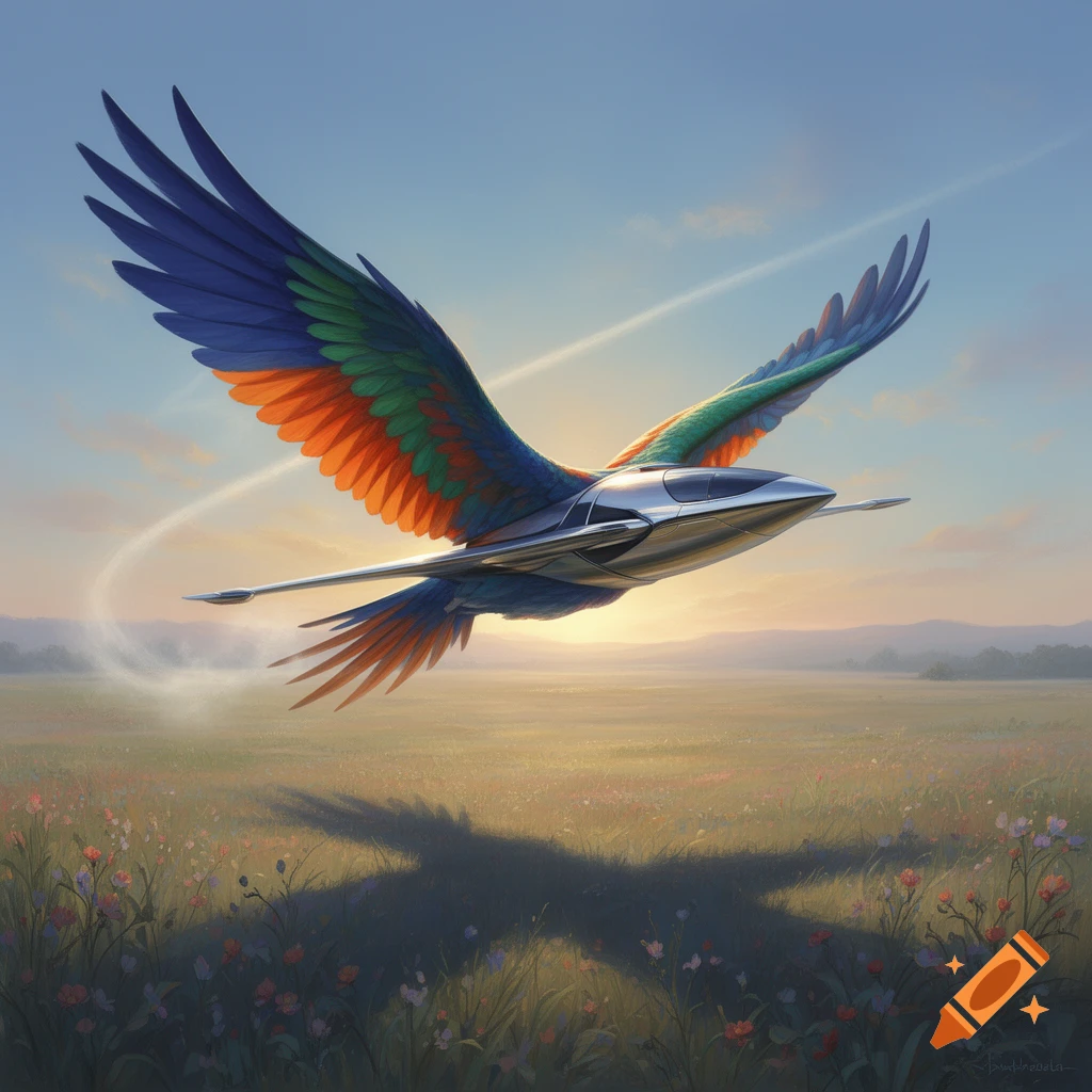 A futuristic bird-plane hybrid with colorful feathered wings flies low over a vibrant green and yellow field at sunset.
