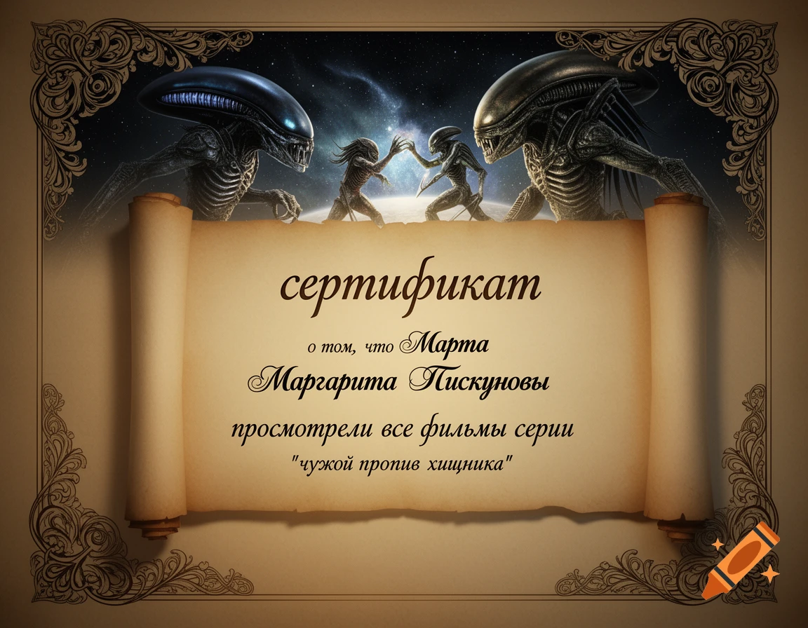 A certificate with Alien and Predator characters against a starry space background, declaring that Marta and Margarita Piskunova watched all Alien vs. Predator films.