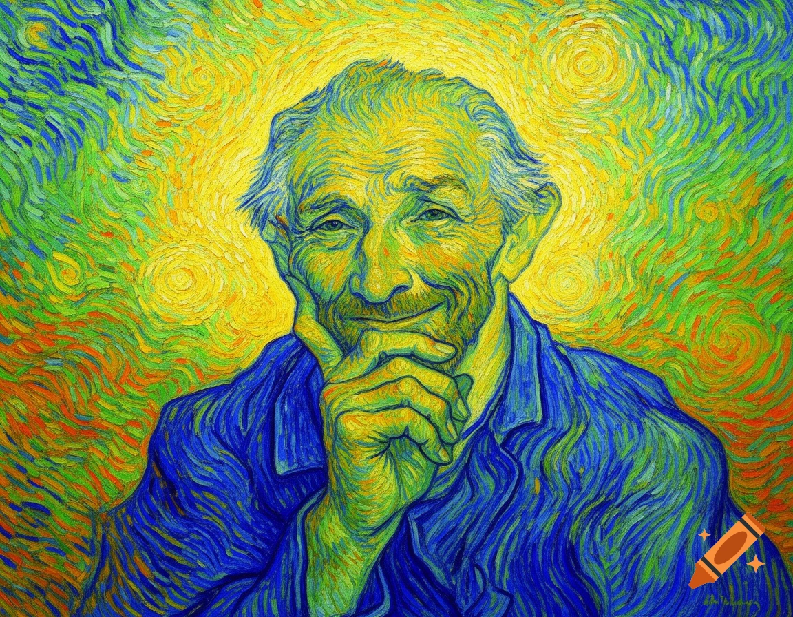 A vibrant, Van Gogh-inspired painting of a smiling older man with blue clothing against a swirling yellow and green background.
