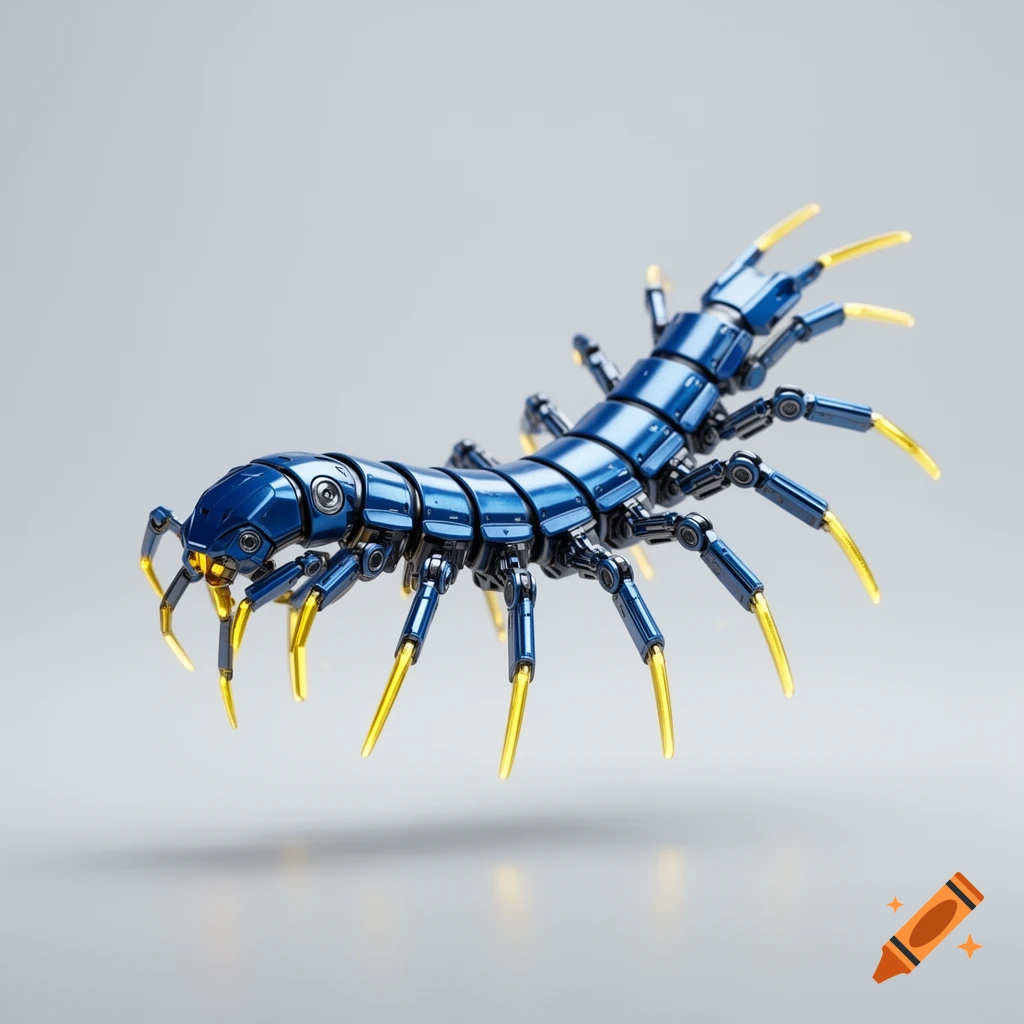 A sleek blue metallic robotic centipede with glowing yellow legs hovers against a light gray background.