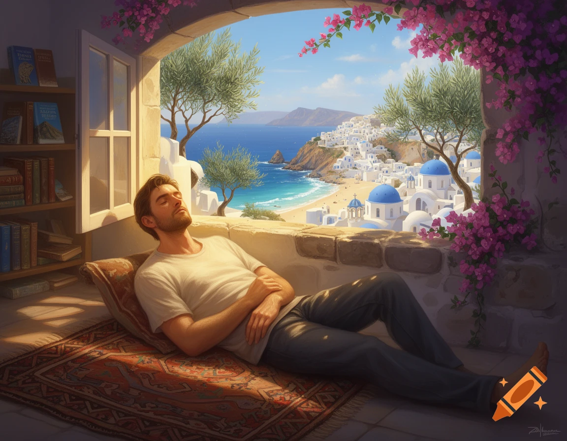 Man resting on a rug by a window overlooking a sunny Greek coastal village with white houses and blue domes.