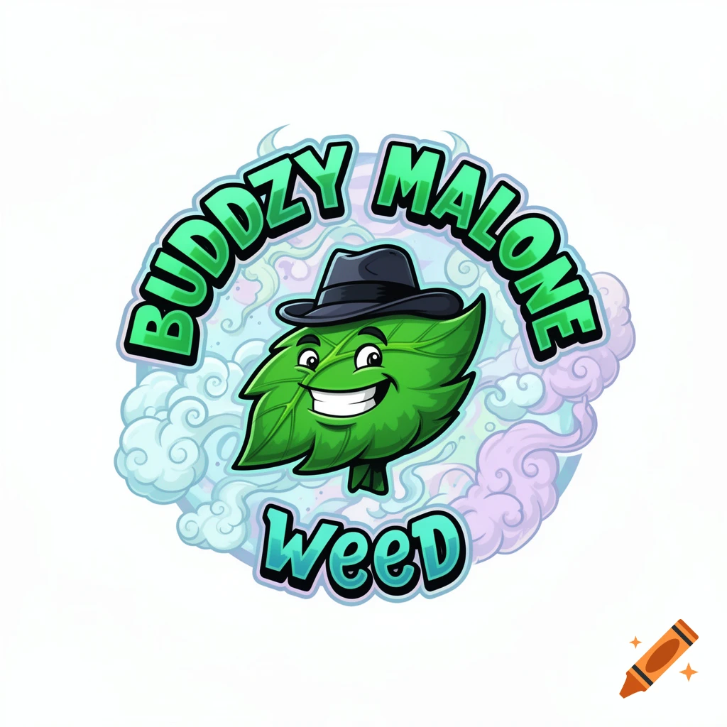 Cartoon logo of a grinning leaf in a fedora, with 'BUDDZY MALONE' and 'weeD' text, surrounded by smoke.