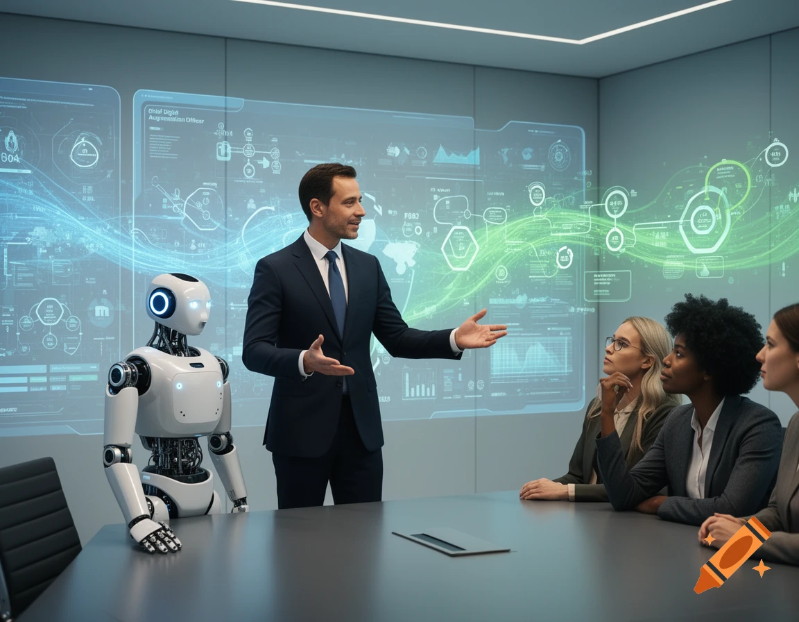 A man in a suit presents in a modern conference room with a robot and three women, surrounded by holographic data displays.