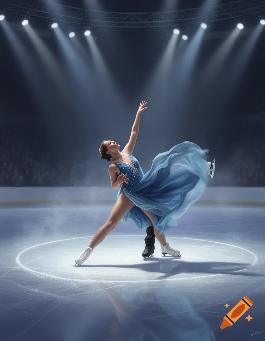 A female figure skater in a sparkling blue dress performs a dramatic pose on an ice rink under bright spotlights.