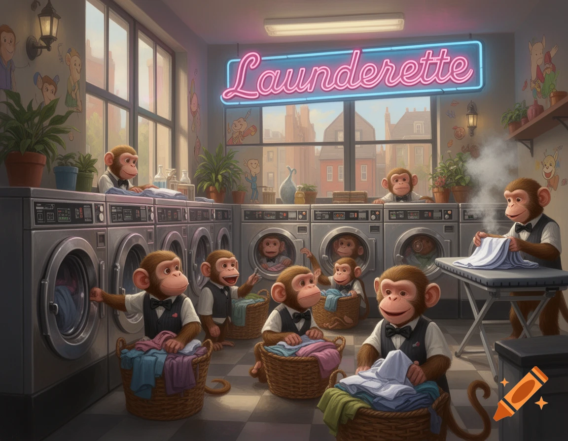 Whimsical illustration of several monkeys doing laundry in a retro launderette with a neon sign.