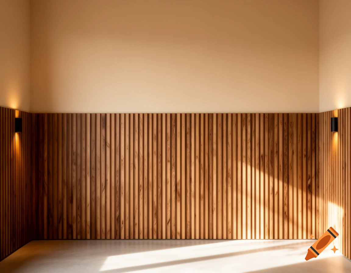 An interior wall featuring a lower section of vertical wooden slats and an upper beige wall, lit by sconces and sunlight.