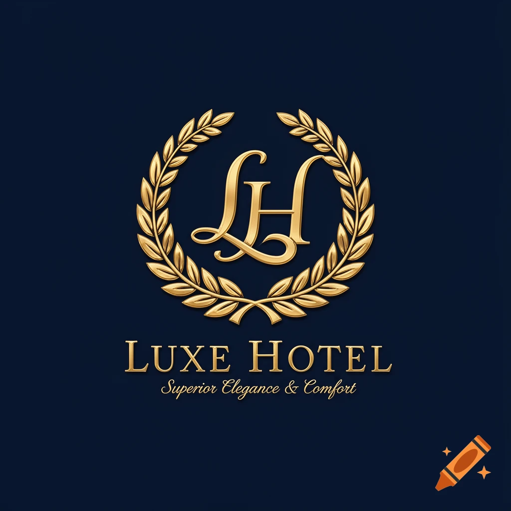 A luxurious gold logo with intertwined 'LH' initials inside a laurel wreath for 'Luxe Hotel' on a dark blue background.