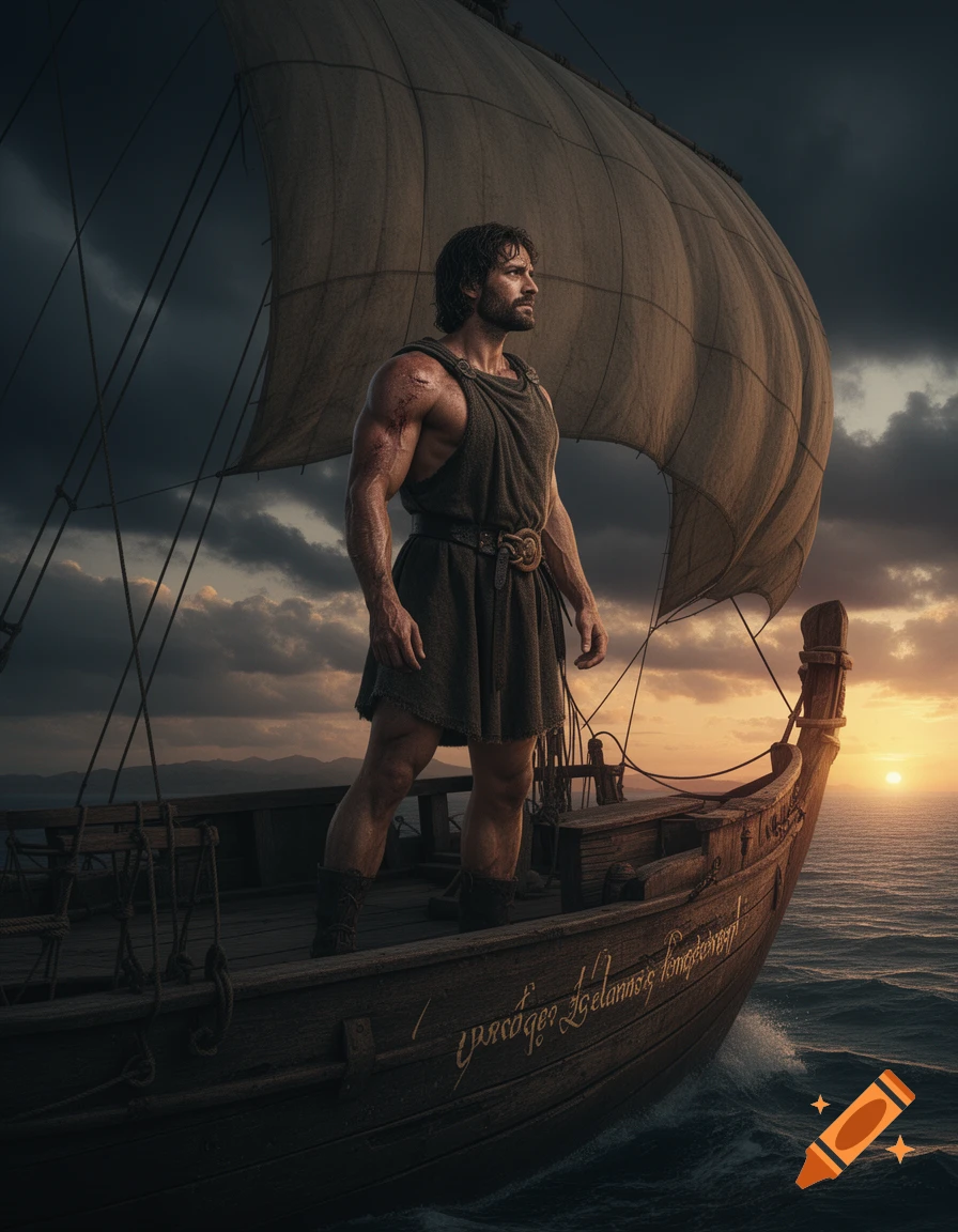 A muscular man in ancient attire stands on a wooden sailboat under a dramatic cloudy sky with a setting sun on the horizon, in a photorealistic style.