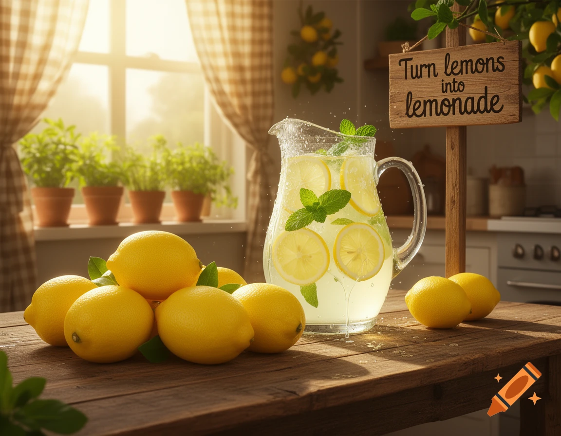 Photorealistic lemonade pitcher with lemons, mint on a wooden table in a sunny kitchen. Sign reads 'Turn lemons into lemonade'.