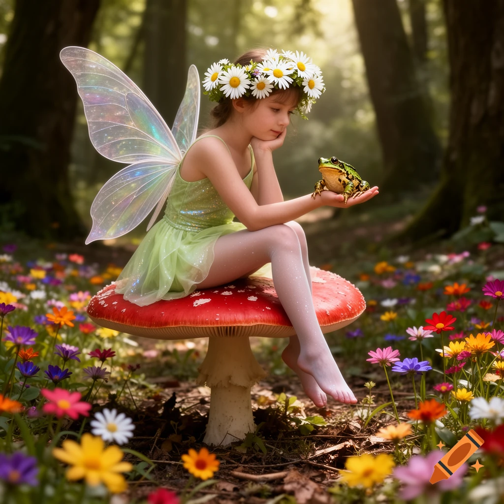 A young fairy with iridescent wings and a daisy crown sits on a red mushroom in a flower-filled forest, holding a green frog.