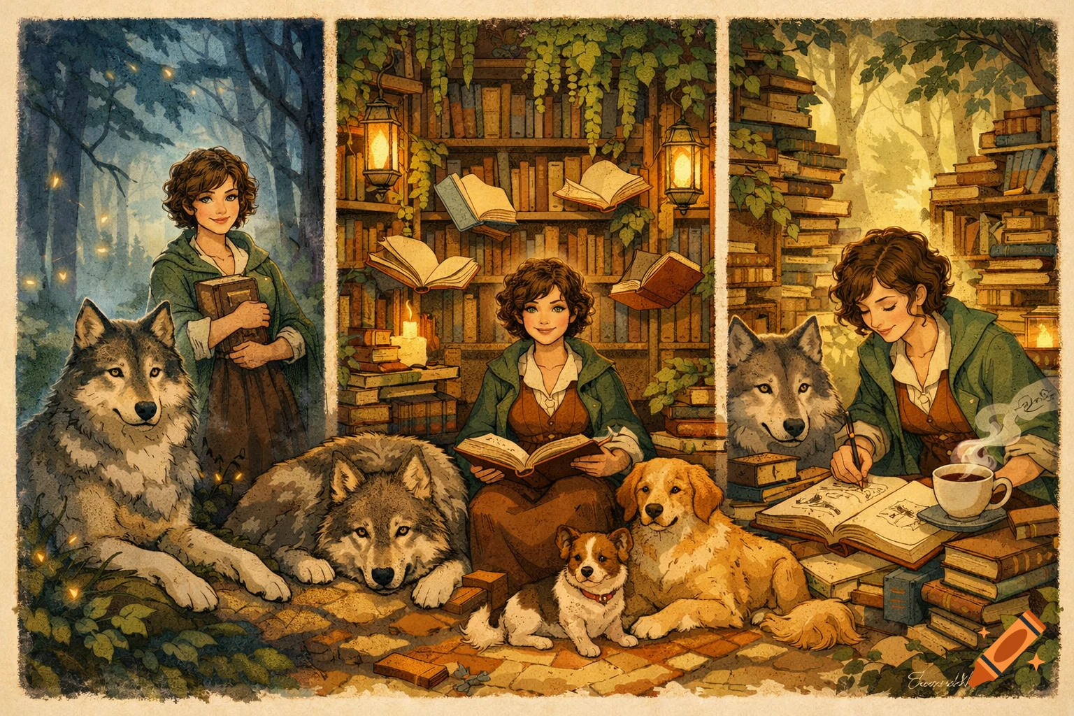 Storybook illustration of a woman with curly brown hair, accompanied by wolves and dogs, in a triptych showing forest, magical library, and writing scenes.
