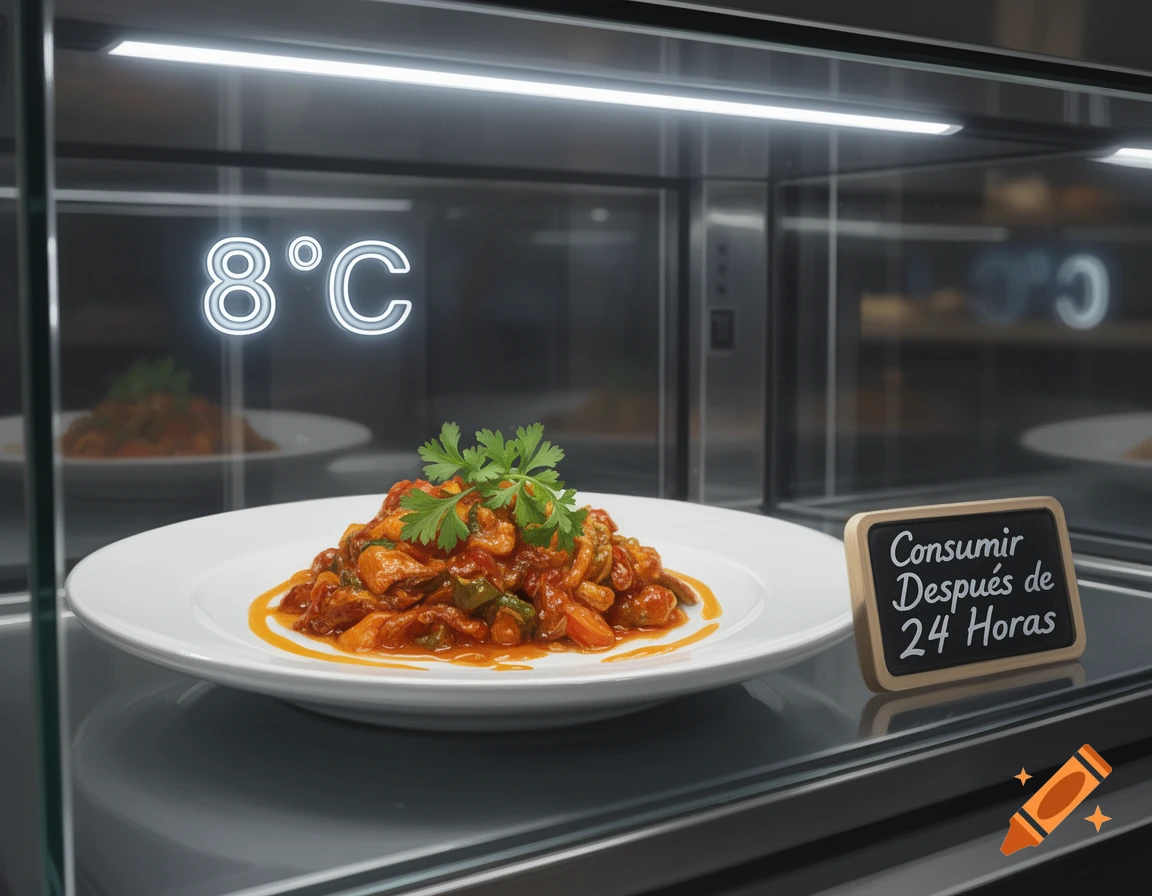 Photorealistic plate of cooked food with parsley in a refrigerated display case, showing 8°C and a 'Consume after 24 hours' sign.