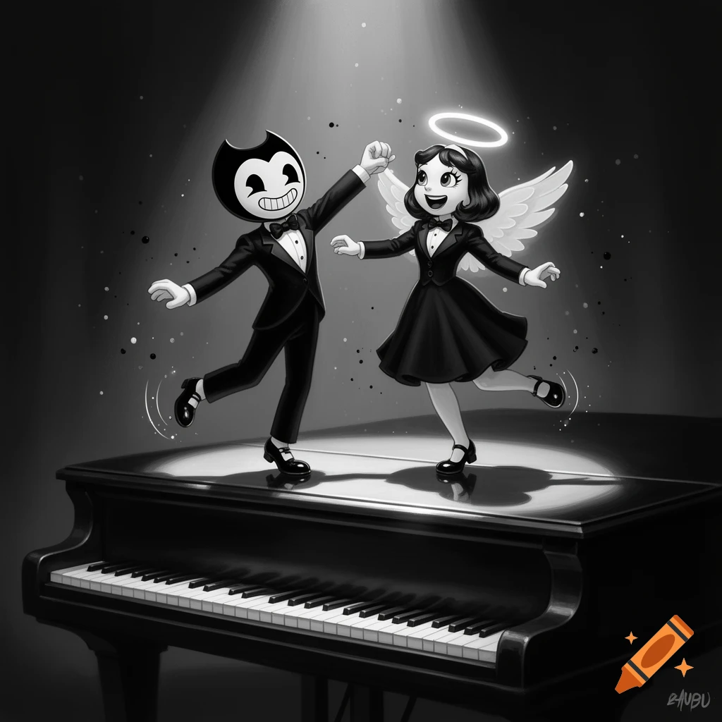 Bendy and Alice Angel, in tuxedos, tap dance on a grand piano under a spotlight in a black and white cartoon style.